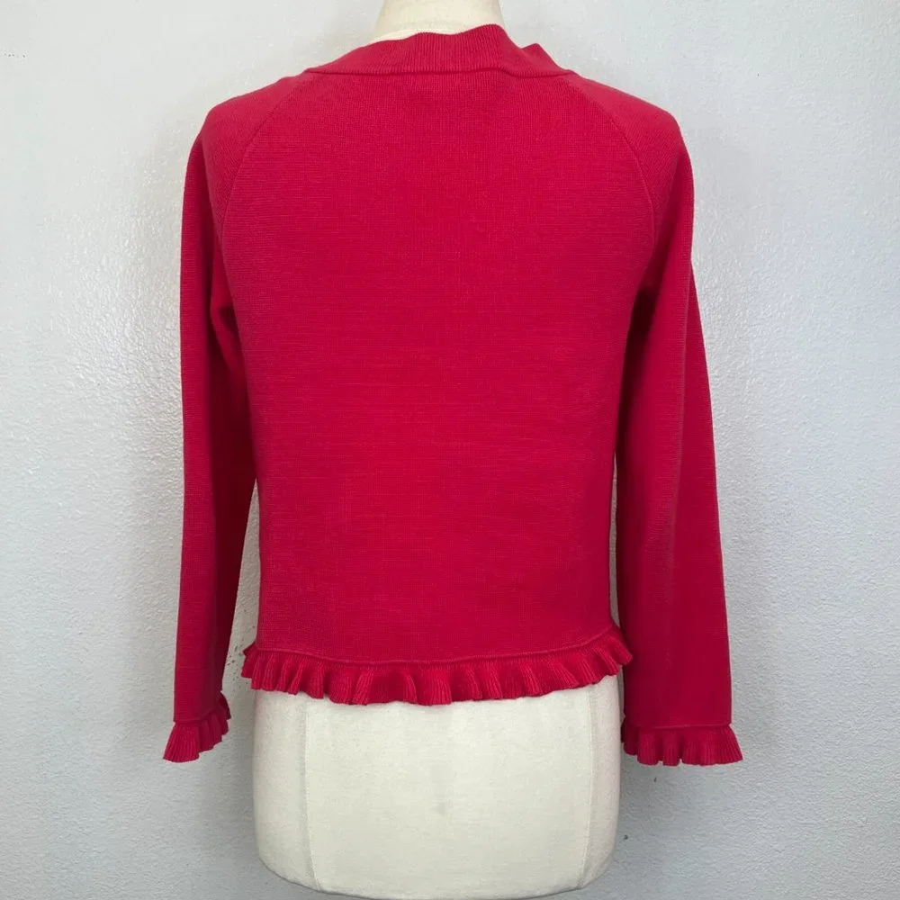 J CREW‎ Womens Pinkish Red Cardigan Sweater DOUBLE BREASTED Ruffled size Medium